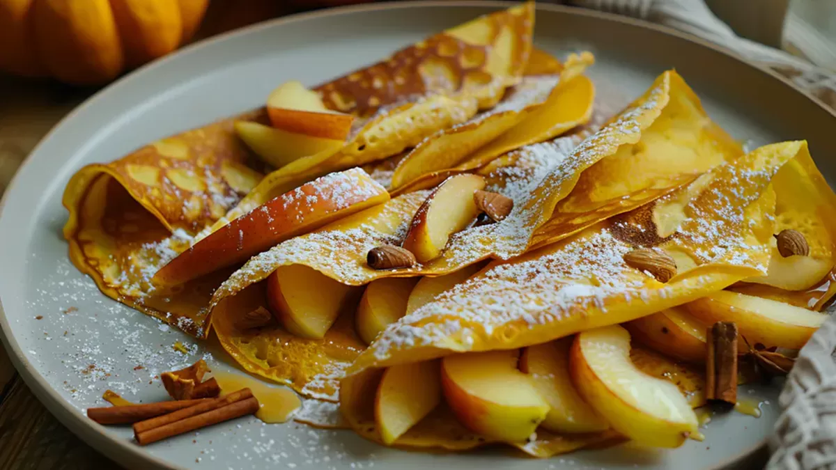 Voňavé tekvicové palacinky na tanieri, servírované s krémovým tvarohom a škoricou, dokonalé na jesenné raňajky.