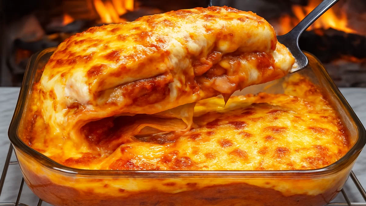 Čerstvo upečené domáce lasagne s vrstvami mäsa, paradajkovej omáčky a roztopeného syra v zapekacej mise na rustikálnom stole.